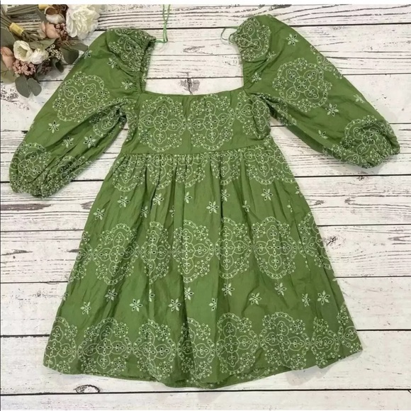 Zara Green Floral Embroidered Cutout Bardot Dress - Picture 6 of 6